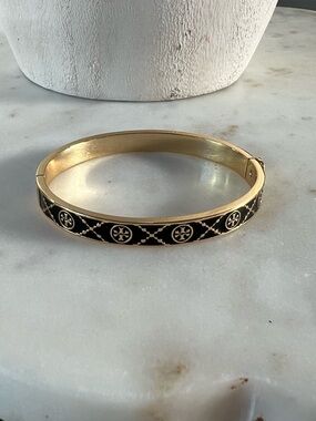 Tory Burch Gold and Black Enamel Logo Bangle